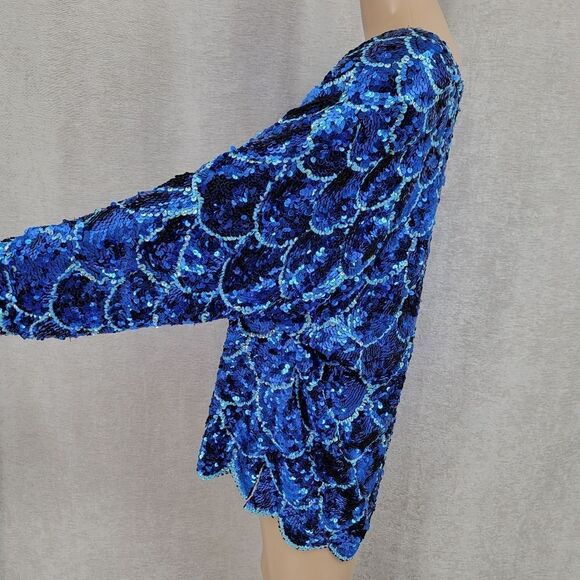 Isabelle 80s Vintage Silk Beaded Sequin Blouse Mermaid Fishscale Pattern Blue - Picture 4 of 9
